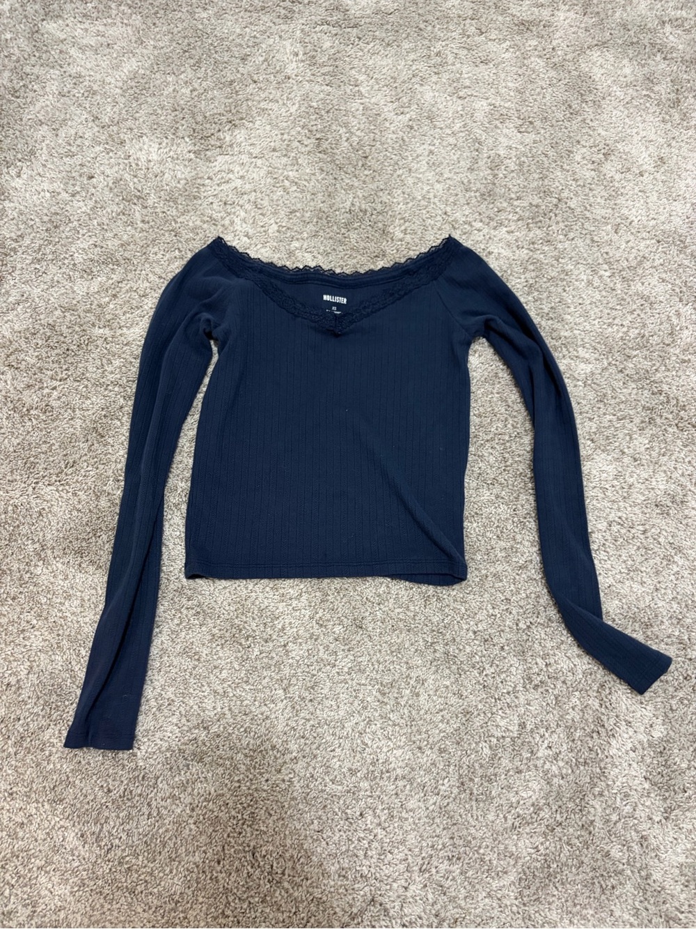Hollister Navy Ribbed Long-Sleeve V-Neck Top with Lace Trim